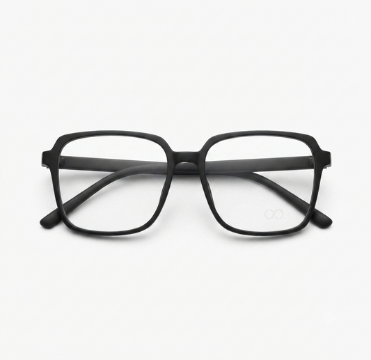 Angled view of matte black square optical frame showcasing the full-rim men's design.