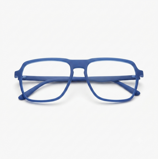 High-quality square glasses frame in a bold matte blue finish.