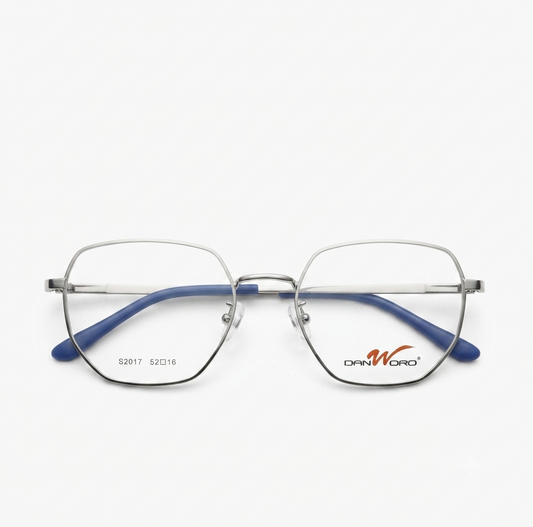Stylish unisex silver geometric eyeglasses with a minimalist design.