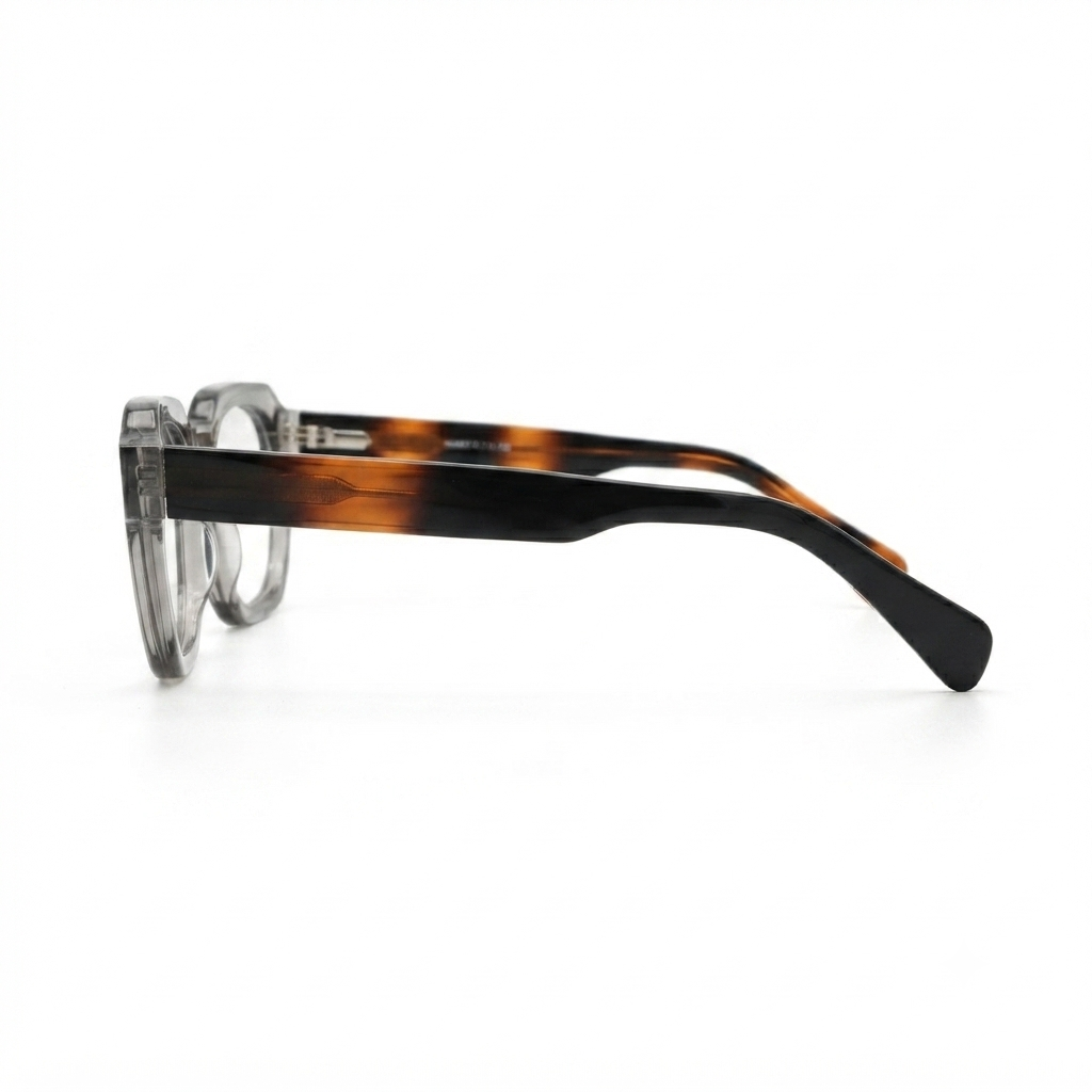 Front view of lightweight transparent grey square optical glasses.