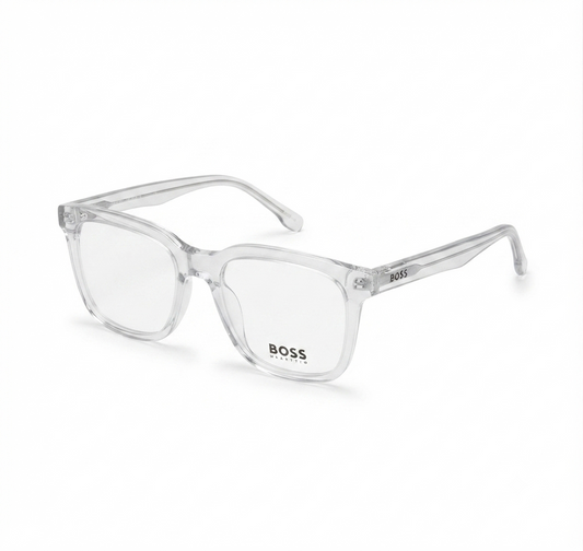 Angled view of transparent square optical frame showing the full-rim unisex design.