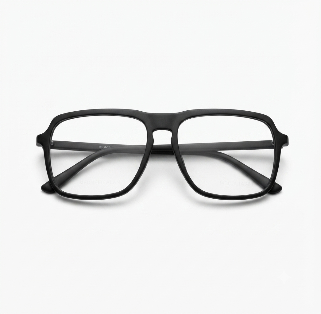 Angled view of matte black square optical frame showcasing the full-rim men's design.