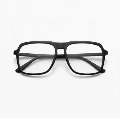 Angled view of matte black square optical frame showcasing the full-rim men's design.
