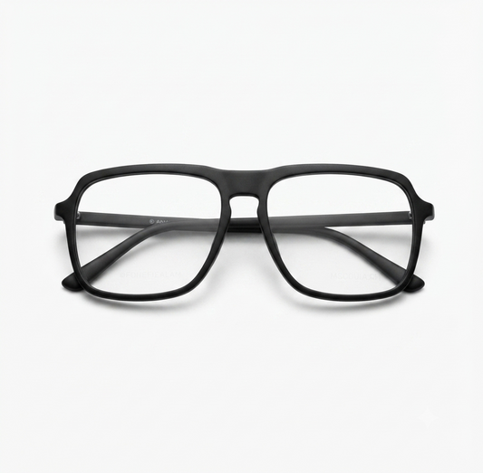 Angled view of matte black square optical frame showcasing the full-rim men's design.