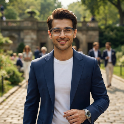Side profile of transparent blue square prescription-compatible glasses