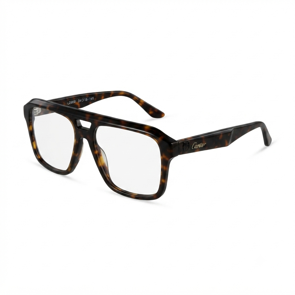 Side profile view of Cartier tortoiseshell computer glasses showing temple branding