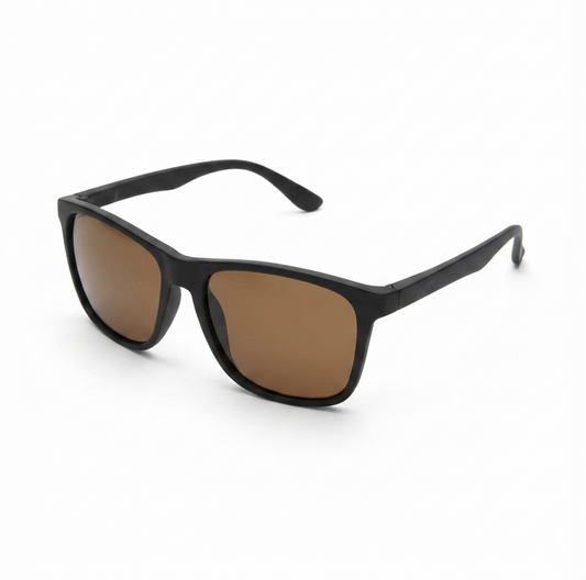 Front view of matte brown square sunglasses on a white background.
