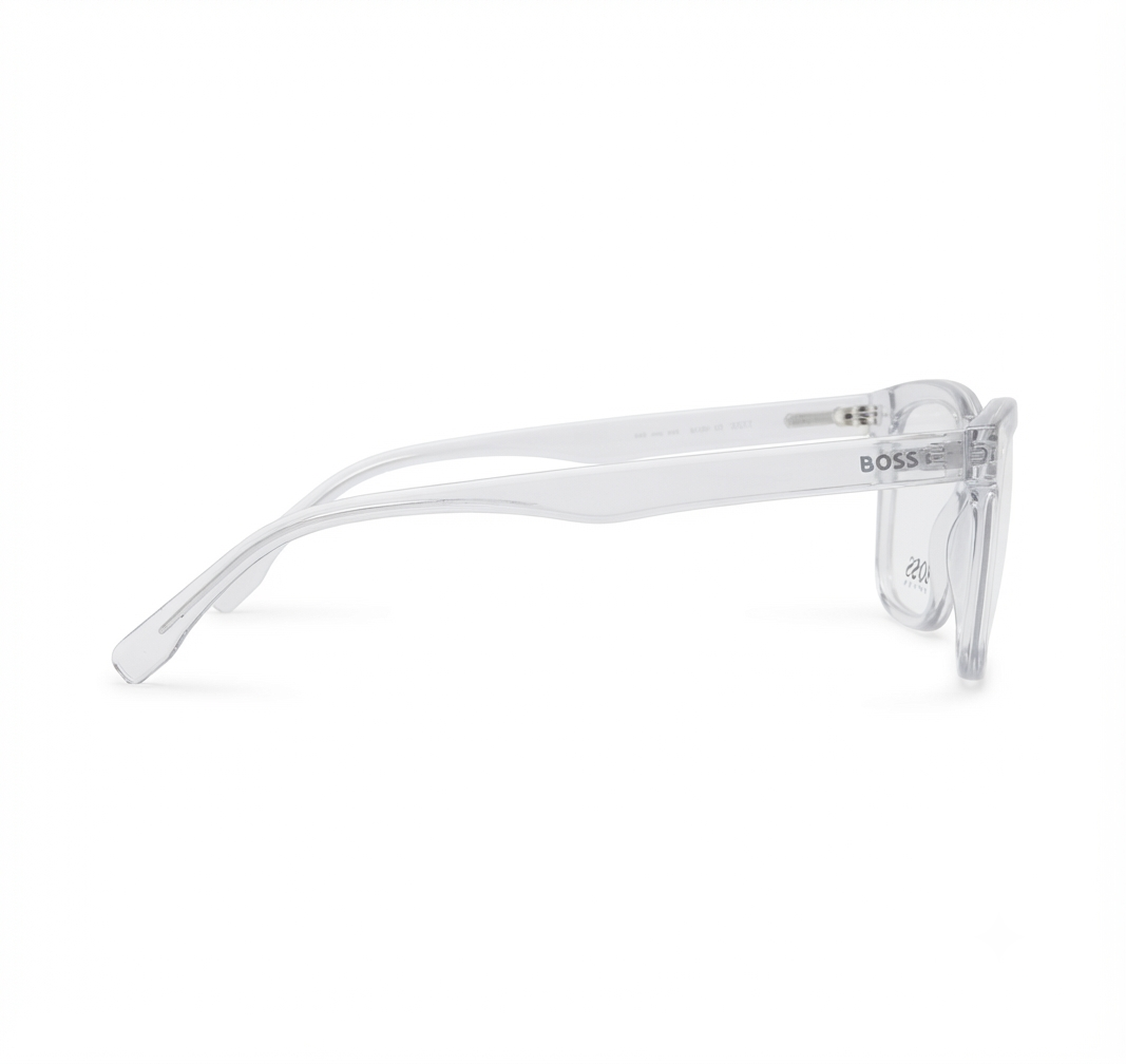 Side profile of BOSS clear eyeglasses highlighting the transparent temples and frame.