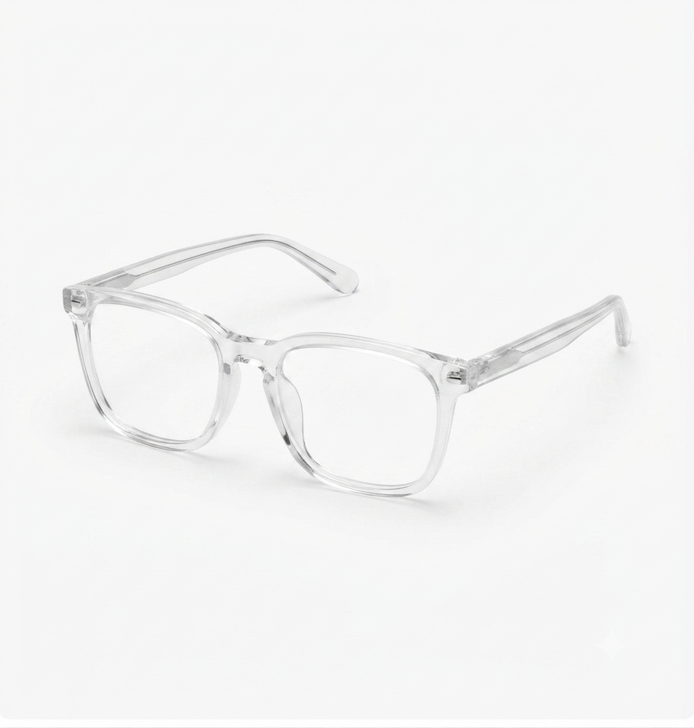 Side view of transparent square optical frame with minimalist design.
