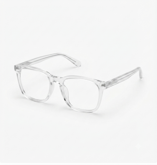 Side view of transparent square optical frame with minimalist design.