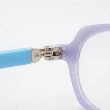 Stylish lavender frame with light blue temples for children ages 8-10.