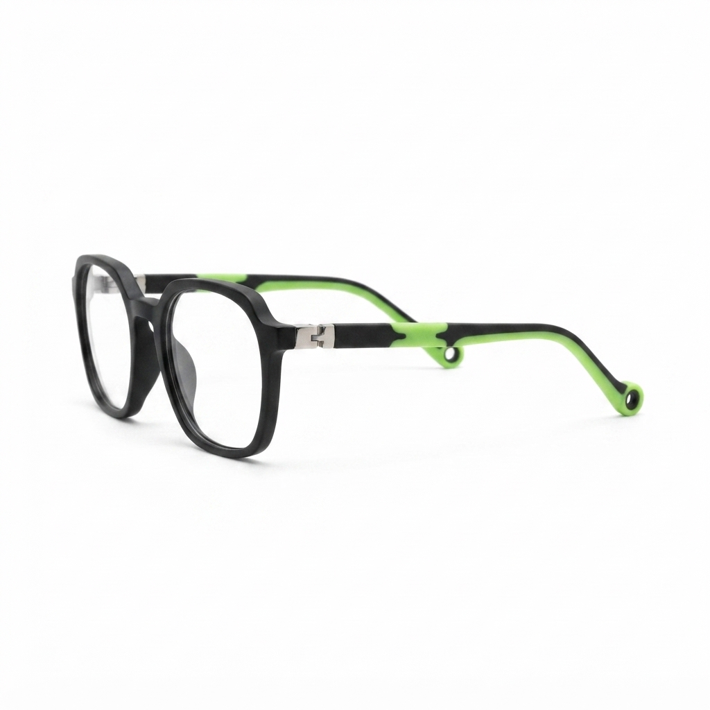 Side profile view of children's black glasses with colored temple arms.
