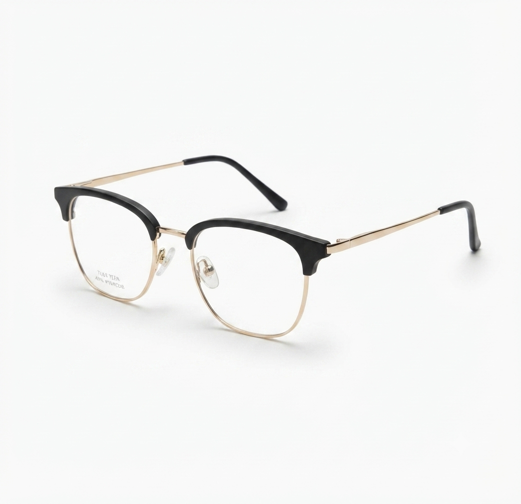 Front view of women's black and gold Club Masters eyeglasses on a white background.