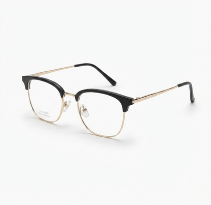 Front view of women's black and gold Club Masters eyeglasses on a white background.