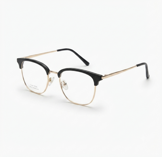 Front view of women's black and gold Club Masters eyeglasses on a white background.