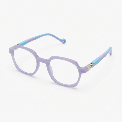 Front view of lightweight kids optical frame in lavender and blue.