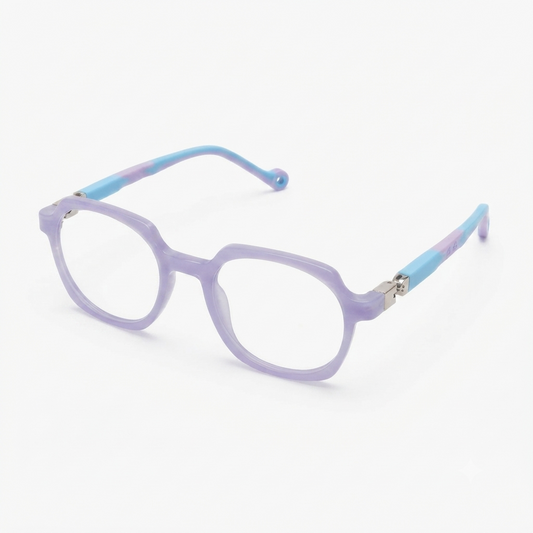 Front view of lightweight kids optical frame in lavender and blue.