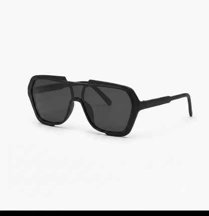 Front view of premium matte black shield sunglasses with an oversized one-piece lens on a white background.