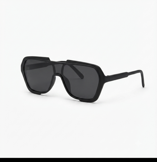 Front view of premium matte black shield sunglasses with an oversized one-piece lens on a white background.