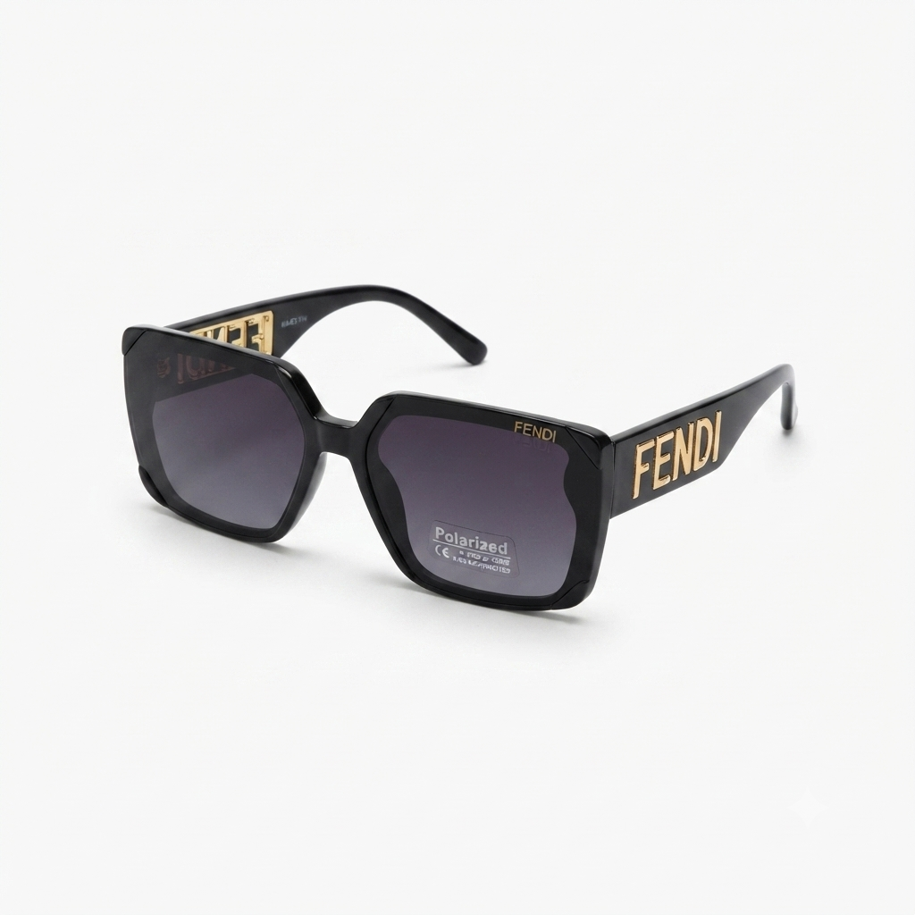 Side profile view showing temple arms and reinforced hinges of black designer sunglasses
