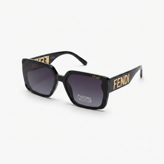 Side profile view showing temple arms and reinforced hinges of black designer sunglasses