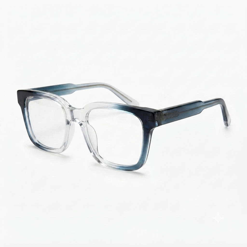 Blue Cut square computer glasses with transparent blue gradient frame.
