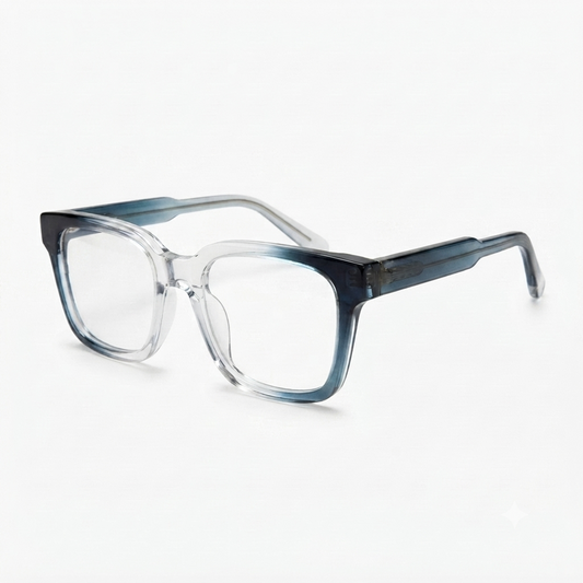 Blue Cut square computer glasses with transparent blue gradient frame.