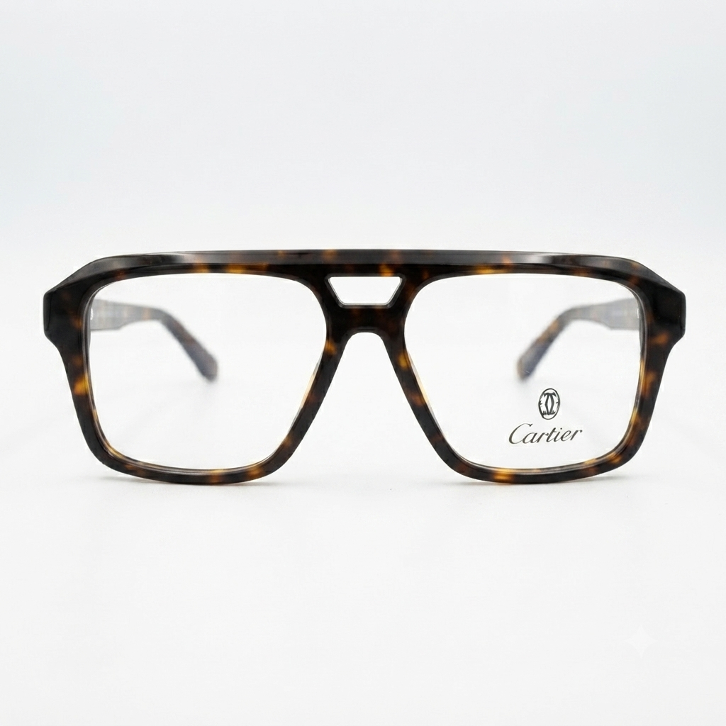 Angled view of oversized square tortoiseshell optical frame with double bridge design.