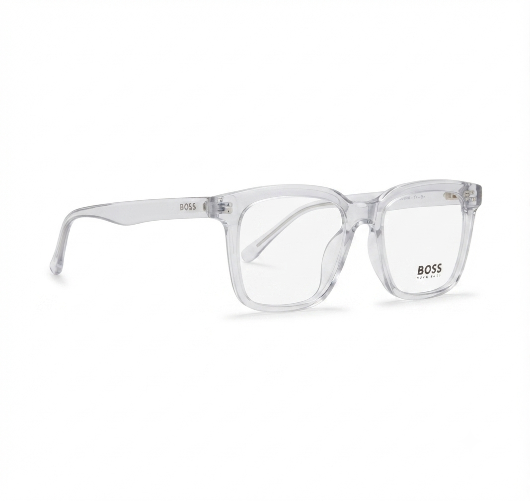 Front view of BOSS clear square transparent eyeglasses frame on a white background.