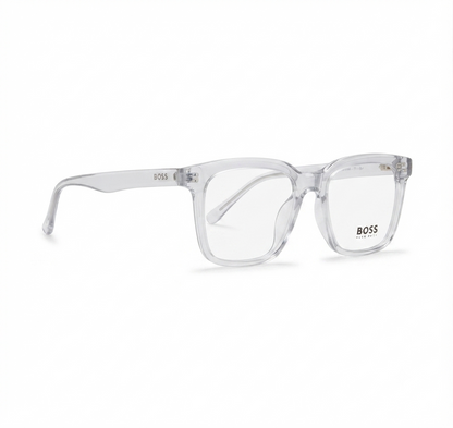 Front view of BOSS clear square transparent eyeglasses frame on a white background.