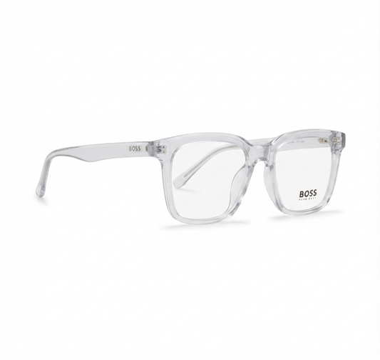 Front view of BOSS clear square transparent eyeglasses frame on a white background.