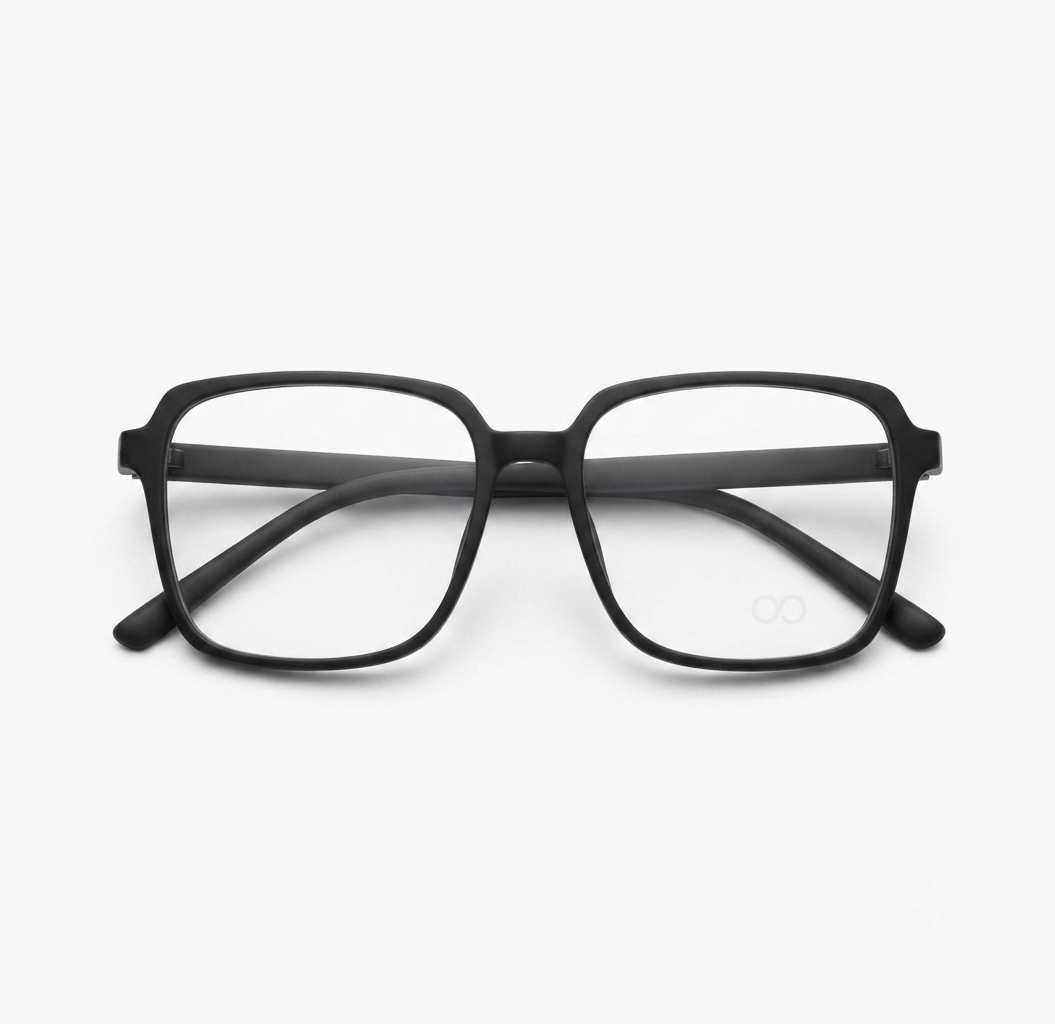 Angled view of matte black square optical frame showcasing the full-rim men's design.