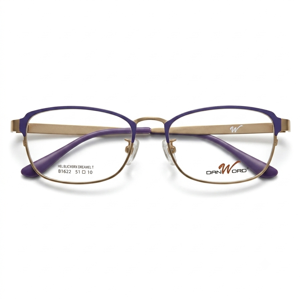 Front straight-on studio view of Danword B1622 full-rim rectangular glasses with a purple upper frame and golden lower rims on a white background.