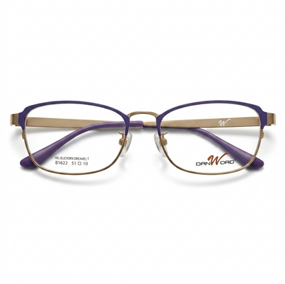 Front straight-on studio view of Danword B1622 full-rim rectangular glasses with a purple upper frame and golden lower rims on a white background.