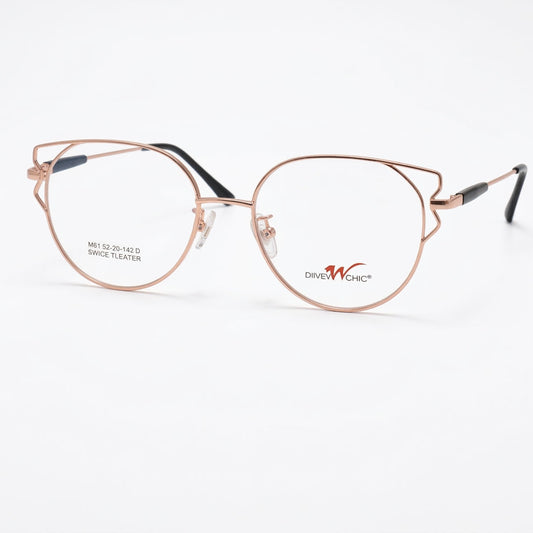Omny Chic rose gold cat eye glasses frame with geometric metal design and clear demo lenses.