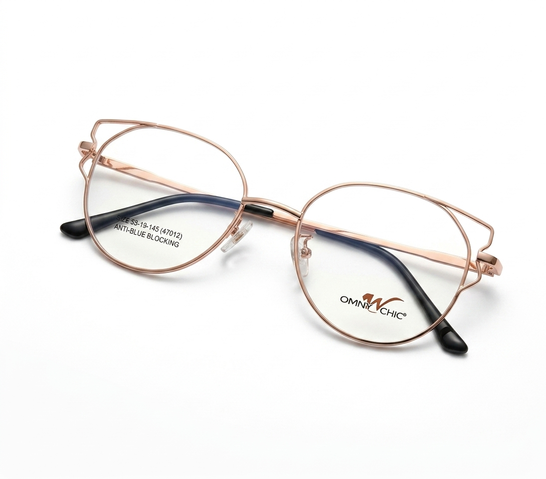 Lightweight rose gold metal glasses with adjustable nose pads.