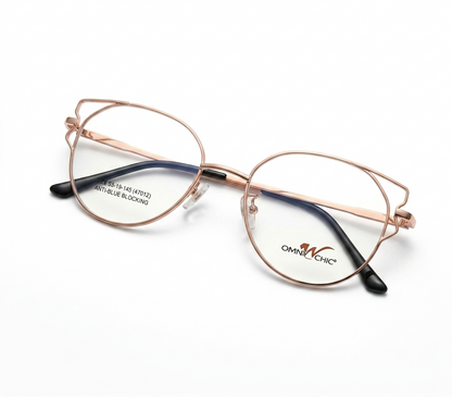 Lightweight rose gold metal glasses with adjustable nose pads.