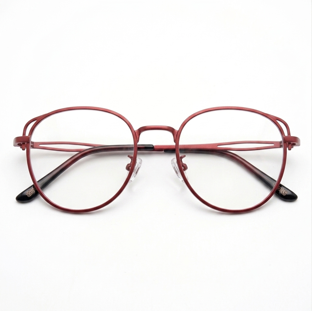 Luxury Korean Style Round Metal Glasses Matte Burgundy Red | Female Glasses