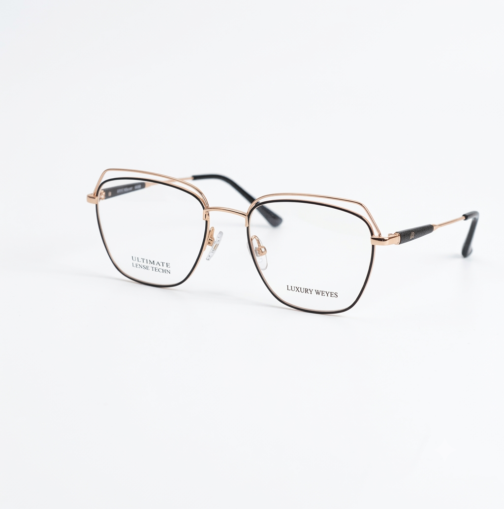 Premium Double Rim Geometric Glasses for Women – Luxury Rose Gold & Black Metallic Slim Frame Eyeglasses | Female Glasses