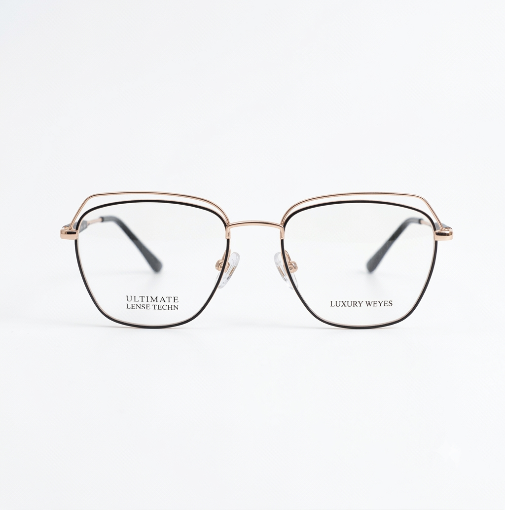 Premium Double Rim Geometric Glasses for Women – Luxury Rose Gold & Black Metallic Slim Frame Eyeglasses | Female Glasses