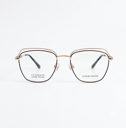 Premium Double Rim Geometric Glasses for Women – Luxury Rose Gold & Black Metallic Slim Frame Eyeglasses | Female Glasses