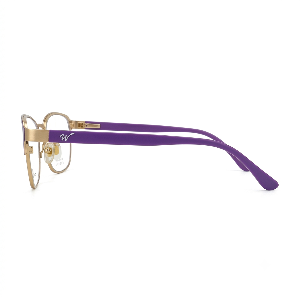 Side profile view of the purple and gold metallic arm temple of spectacles showcasing the minimalist white logo engraving.