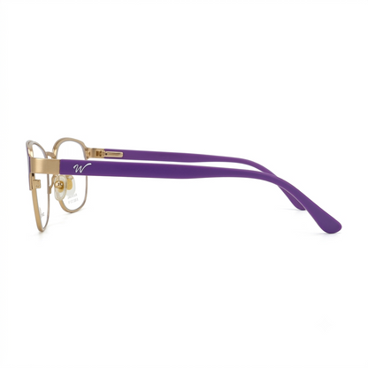 Side profile view of the purple and gold metallic arm temple of spectacles showcasing the minimalist white logo engraving.