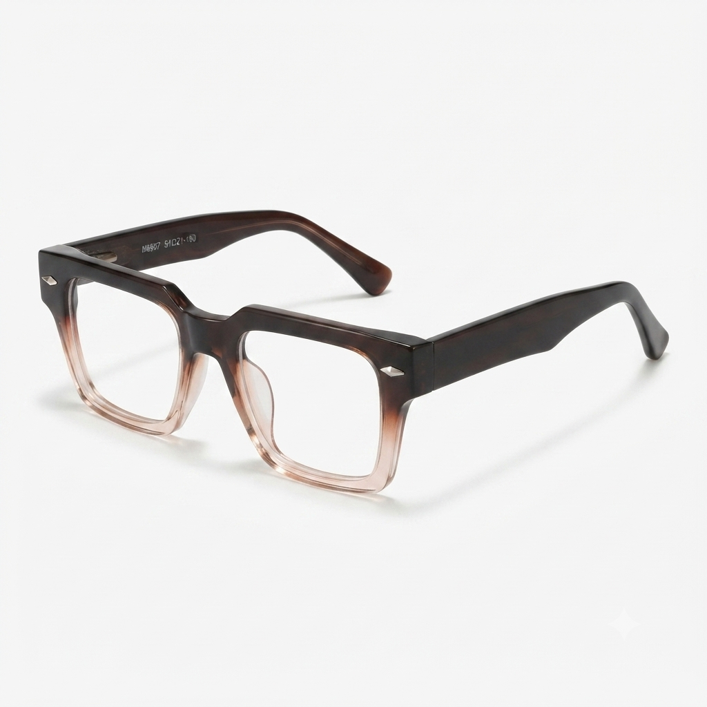 Side profile of gradient brown square optical frame showing temple design.
