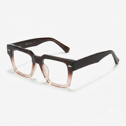 Side profile of gradient brown square optical frame showing temple design.