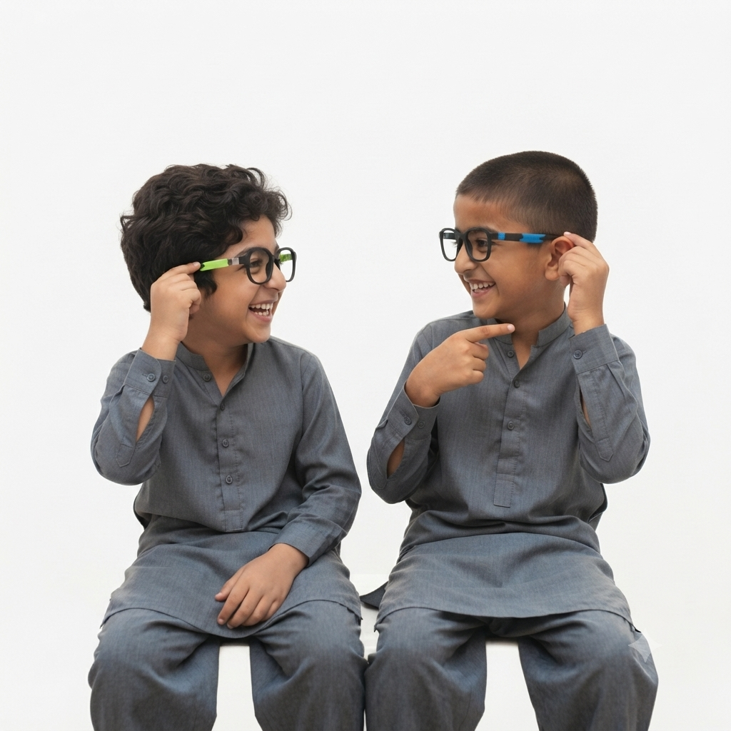 Side profile view of children's black glasses with colored temple arms.