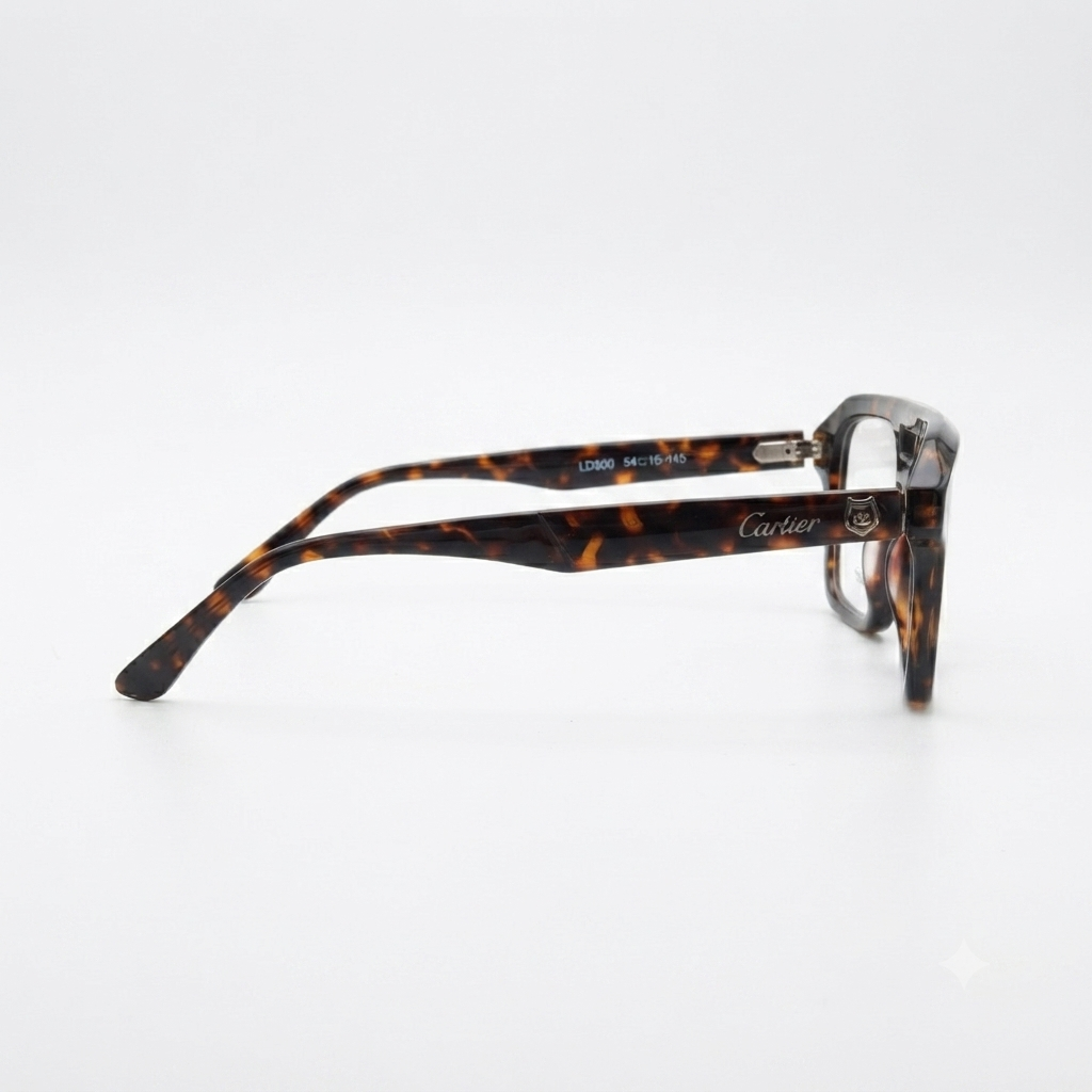 Side profile of tortoiseshell eyeglasses showing sculpted temples and hinge detail.