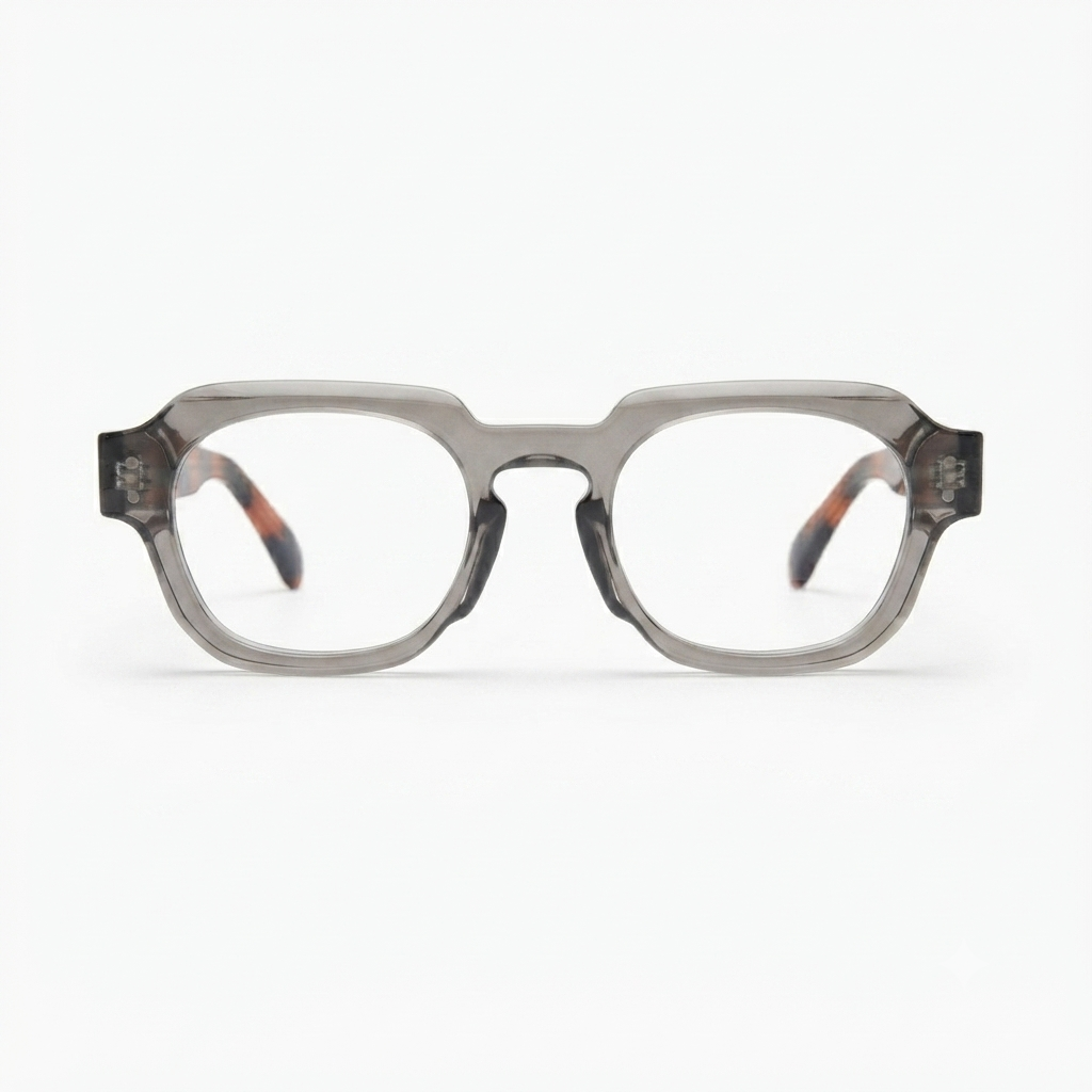 Modern unisex transparent grey optical frame for office and everyday wear.