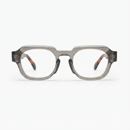 Modern unisex transparent grey optical frame for office and everyday wear.