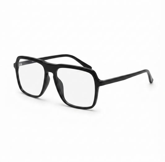 Front view of premium matte black square eyeglasses frame for men on a white background.